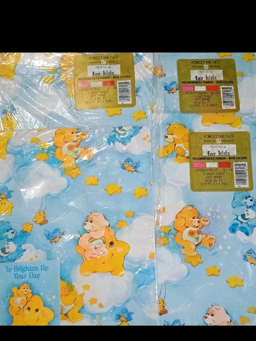 Vintage Care Bears American Greetings Wrapping Paper Gift Wrap 4 Sheets/1 Card